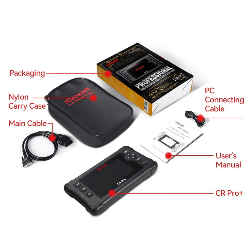 CR Pro+ OBD2 scanner package with accessories and cables