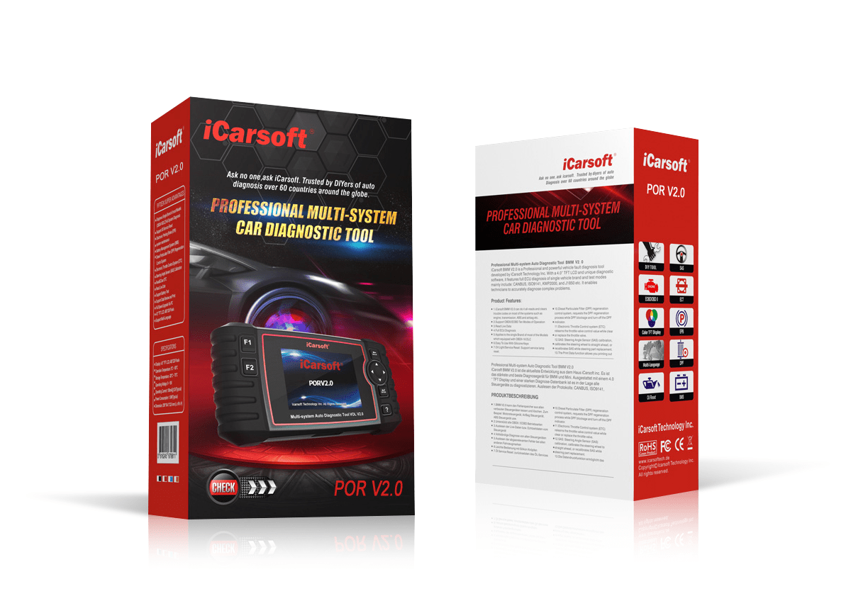 Retail box of iCarsoft POR V2.0 with Porsche compatibility label
