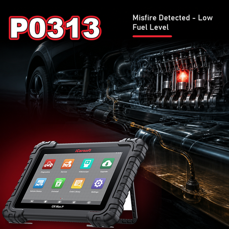 iCarsoft CR Max P for P0313 misfire detected with low fuel diagnosis