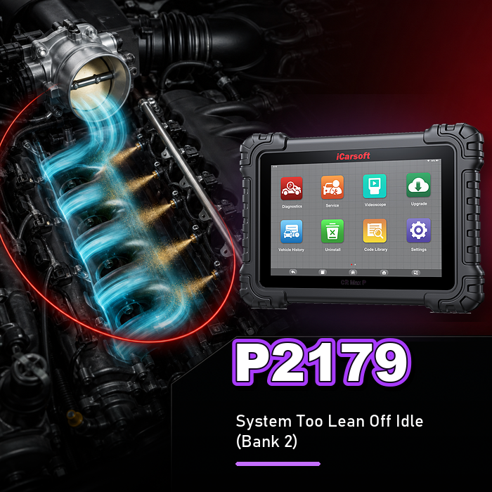 iCarsoft CR Max P displaying fuel-trim data for P2179 diagnosis