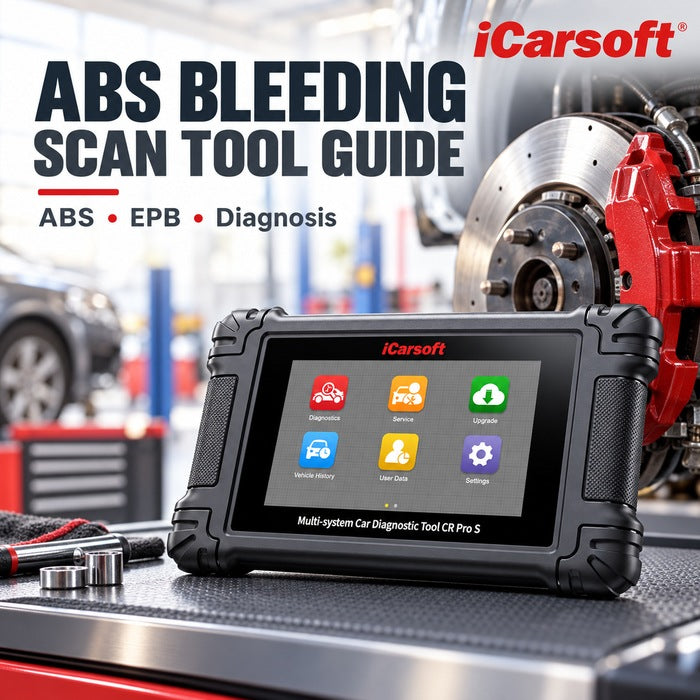 iCarsoft CR Pro S beside a brake disc and caliper with the headline ABS Bleeding Scan Tool Guide