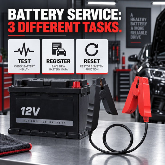 iCarsoft battery service guide comparing testing, registration and BMS reset as three different tasks
