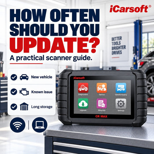 iCarsoft CR MAX with its authentic six-icon home menu beside a diagnostic scanner update checklist