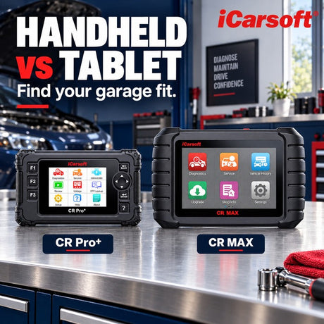 iCarsoft CR Pro+ handheld and CR MAX tablet showing their distinct official home menus