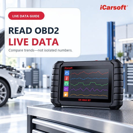 iCarsoft CR MAX BT displaying graphical OBD2 live data in a bright workshop with the text Read OBD2 Live Data