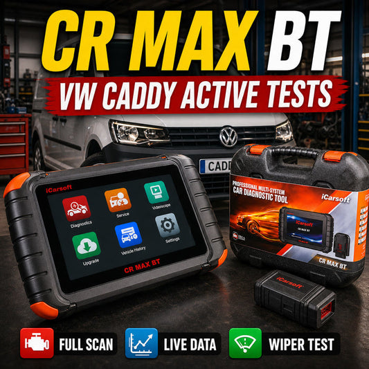 iCarsoft CR Max BT beside a Volkswagen Caddy during active-test review