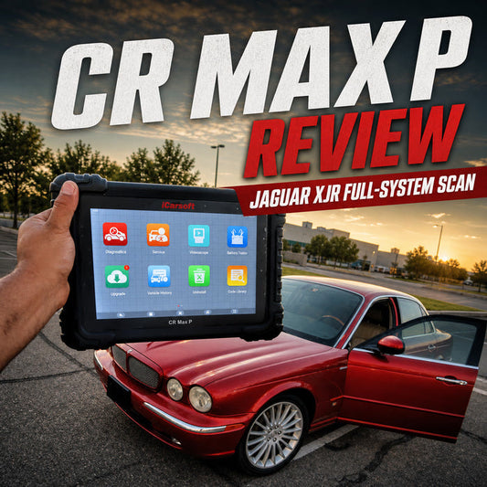 iCarsoft CR Max P diagnostic tablet with a red Jaguar XJR for a full-system scan review