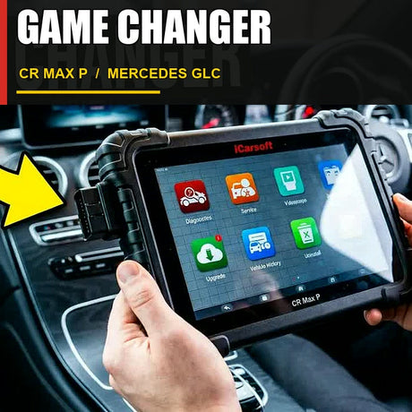 iCarsoft CR Max P in a Mercedes GLC with Game Changer cover text