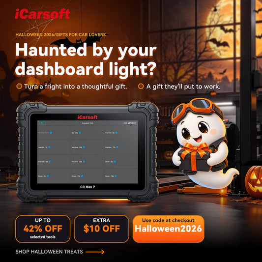 iCarsoft Halloween 2026 sale poster with CR Max P, a garage ghost, up to 42% off selected tools and code Halloween2026 for an  extra $10 off