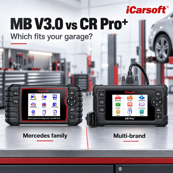 iCarsoft MB V3.0 and CR Pro+ with their official menus beside a garage-selection headline