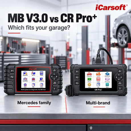 iCarsoft MB V3.0 and CR Pro+ with their official menus beside a garage-selection headline