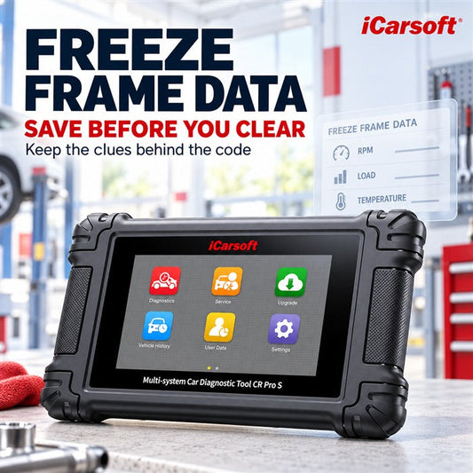 iCarsoft CR Pro S on a workshop bench with a reminder to save freeze frame data before clearing codes