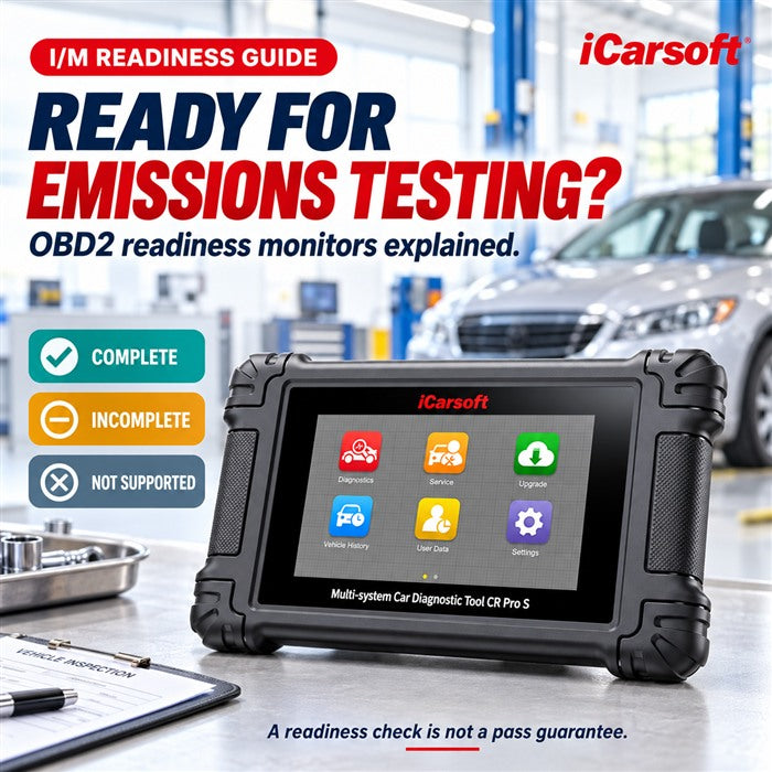 iCarsoft CR Pro S on a workshop bench for an OBD2 emissions-readiness guide