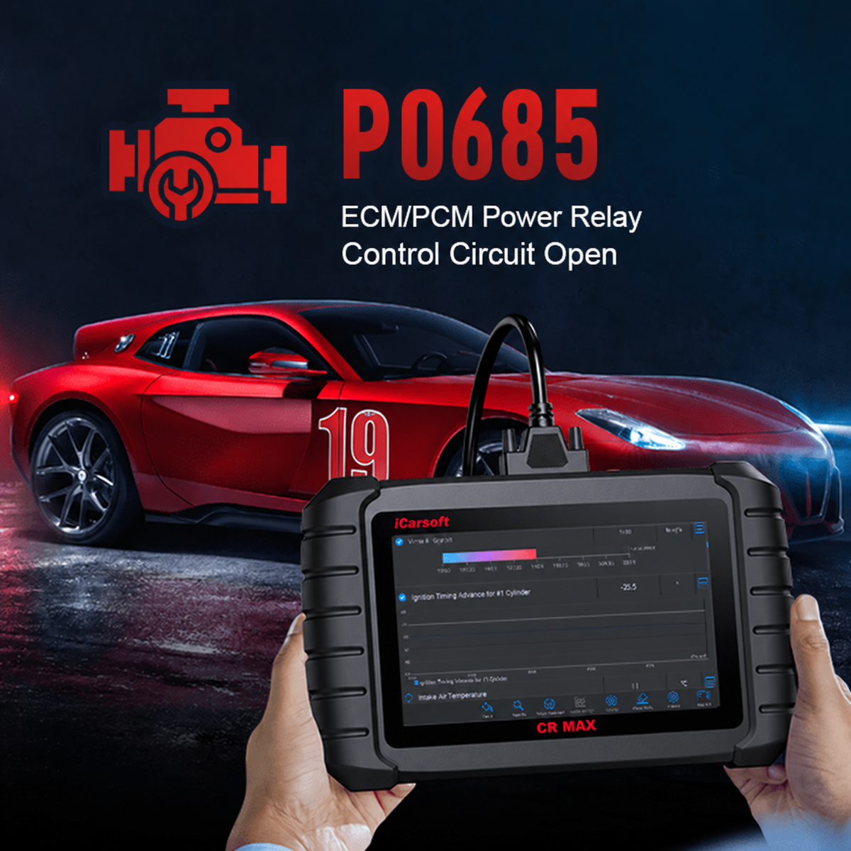 P0685 ECM PCM power relay control circuit open diagnostic guide with iCarsoft CR MAX