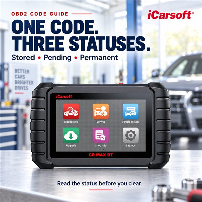 iCarsoft CR MAX BT scanner with stored, pending, and permanent OBD2 code status labels