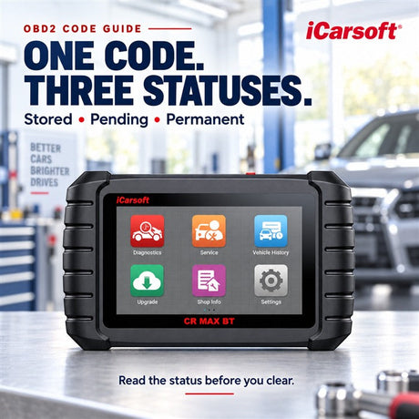 iCarsoft CR MAX BT scanner with stored, pending, and permanent OBD2 code status labels
