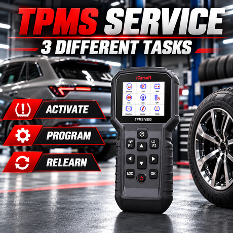 iCarsoft TPMS V800 guide comparing sensor activation, programming and vehicle relearn
